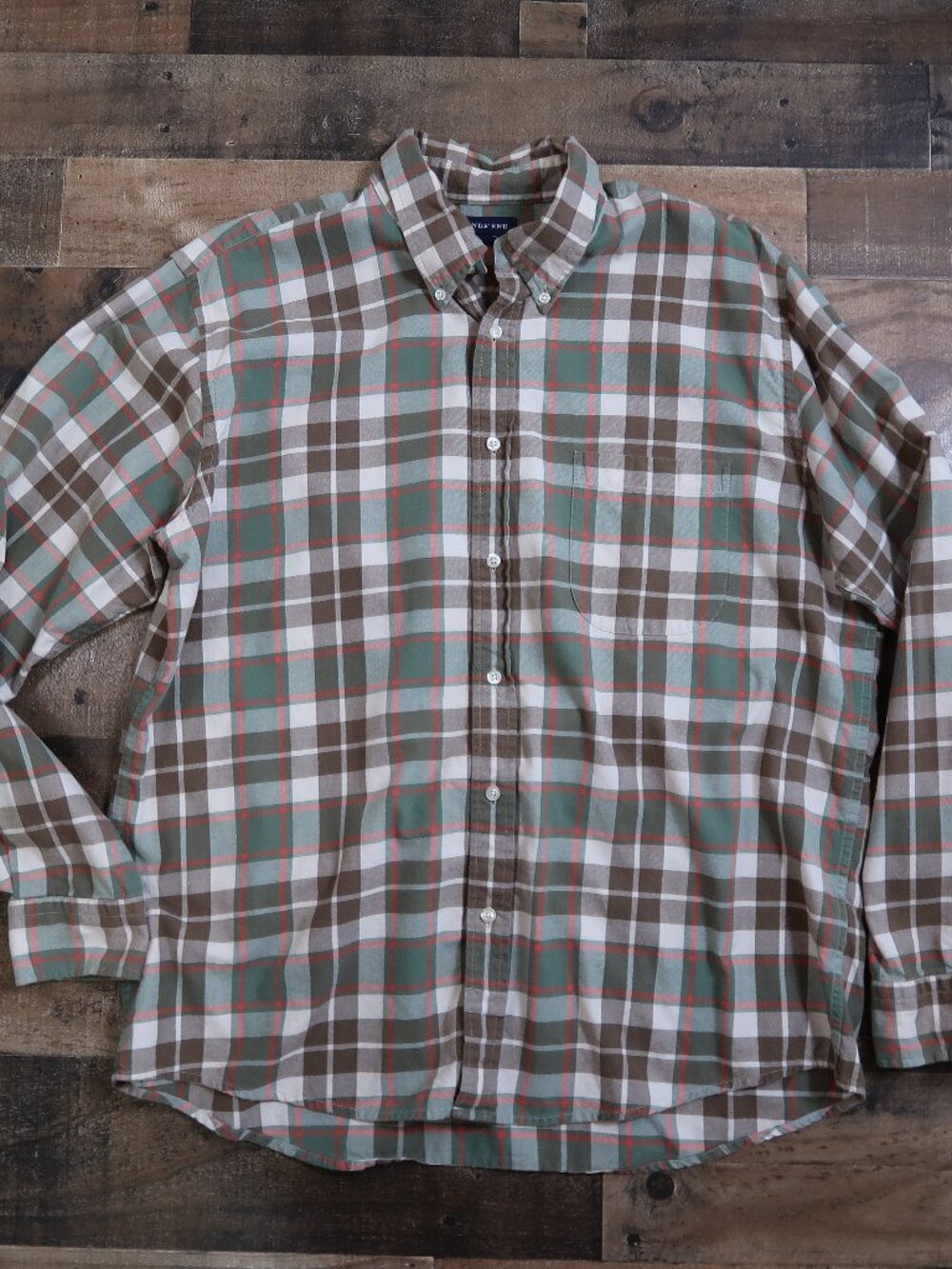 Lands End Mens Large 16-16 1/2 Green & Brown Plaid Button Up Collared Shirt